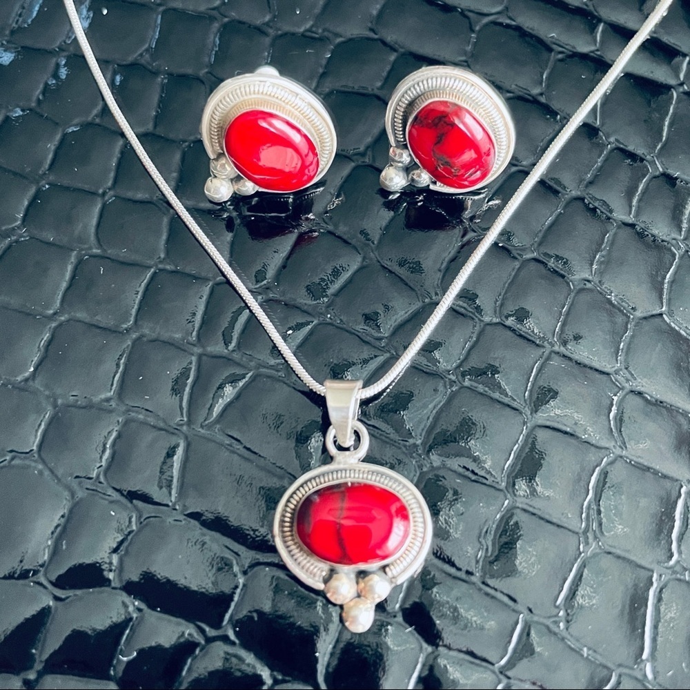 Vintage ATI Mexico Red Jasper Sterling Silver Pendant Necklace Earrings … - Picture 3 of 9